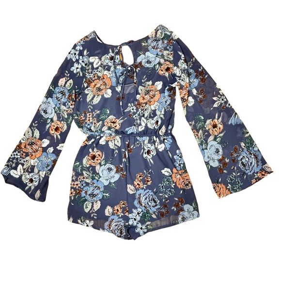 O'Neill Dark Floral Romper Shortall Size Med 1 Piece Blouson Romantic Boho Blue - Picture 16 of 16